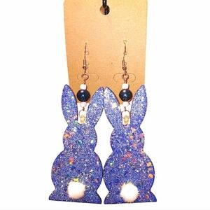 HAND CRAFTED Blue Green Glitter Easter Bunny Rabbit Cotton Tail Beaded Earrings